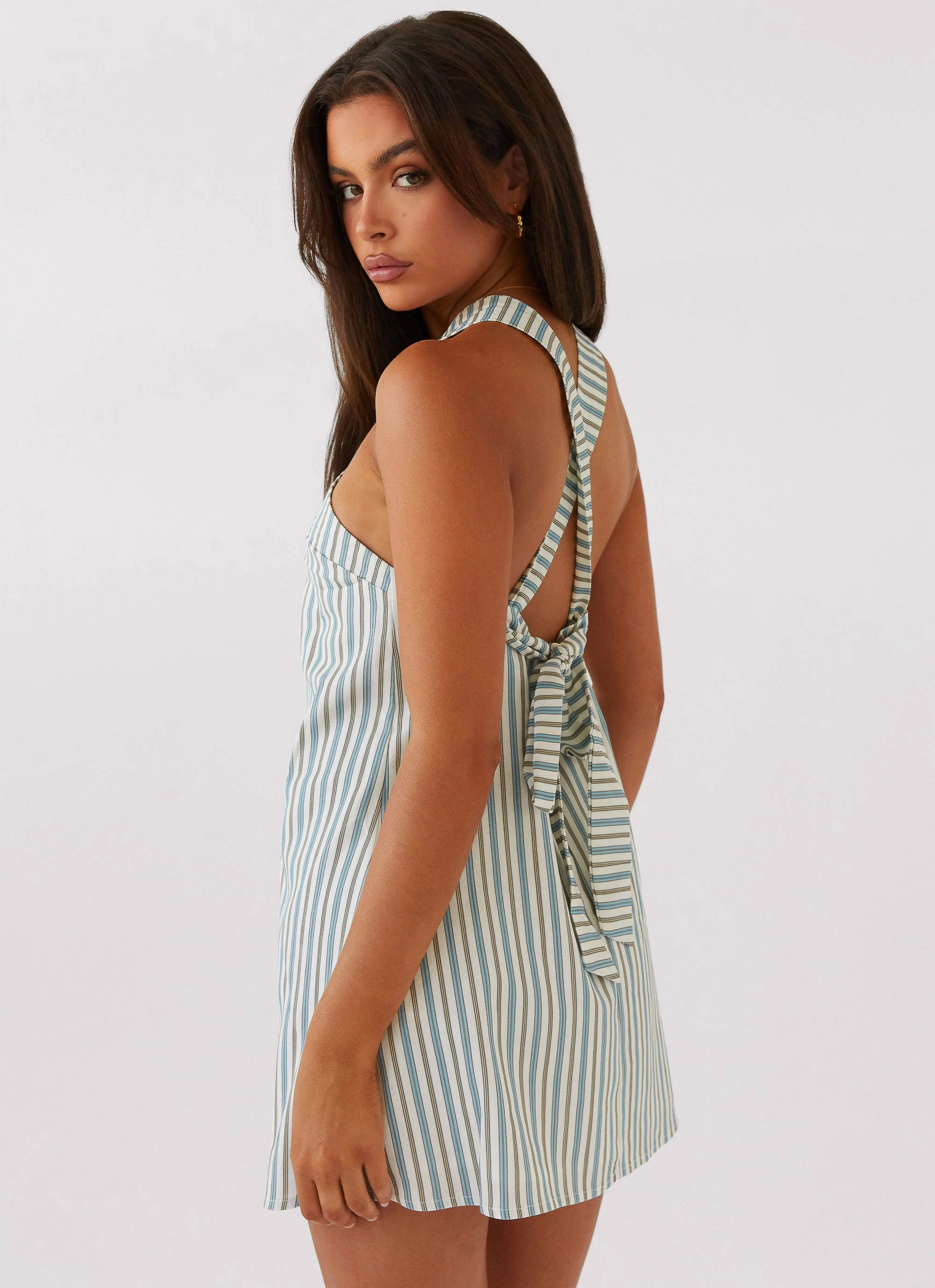 Fresh Stitch Keira Linen Mini Dress - Blue Choc Stripe
