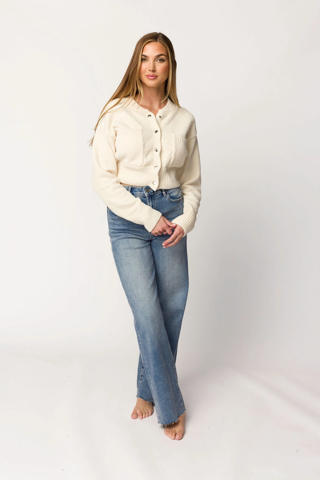 Kendall Knit Bomber Jacket in Ivory *Final-Sale* Anti Static Fabric Contrast Stitch Accent