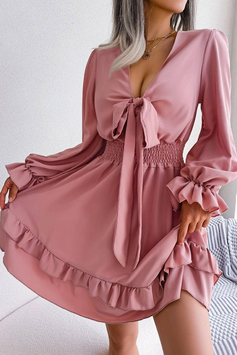 CASUAL DEEP V TIE UP WOODEN EAR SIDE SWING DRESS_CWDSD3014 All Look