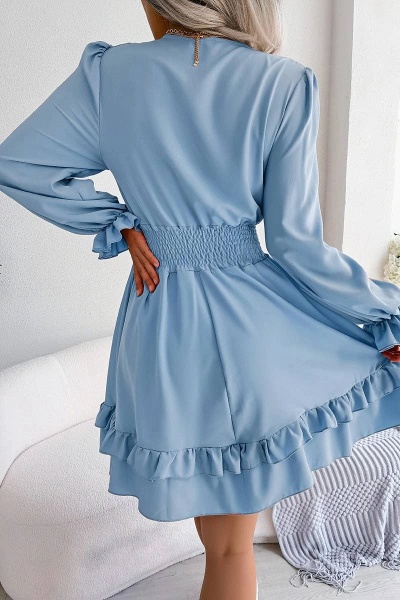 Matte-finish Flared-Hem CASUAL DEEP V TIE UP WOODEN EAR SIDE SWING DRESS_CWDSD3014