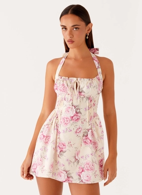 Applique-Detail Style Option Rosalie Halter Mini Dress - Vintage Pink Floral