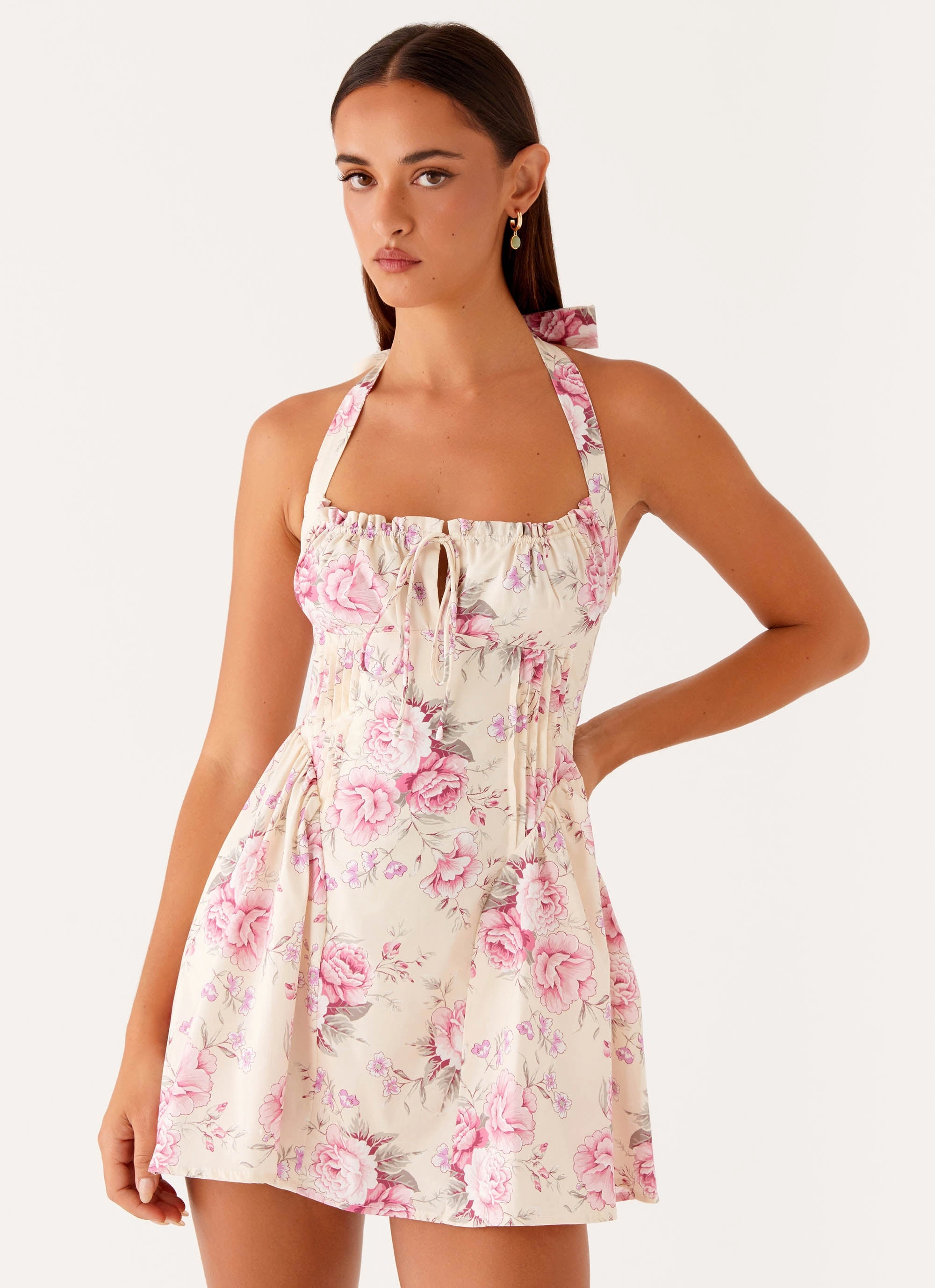 Rosalie Halter Mini Dress - Vintage Pink Floral Silky Drape Perfect for Layering