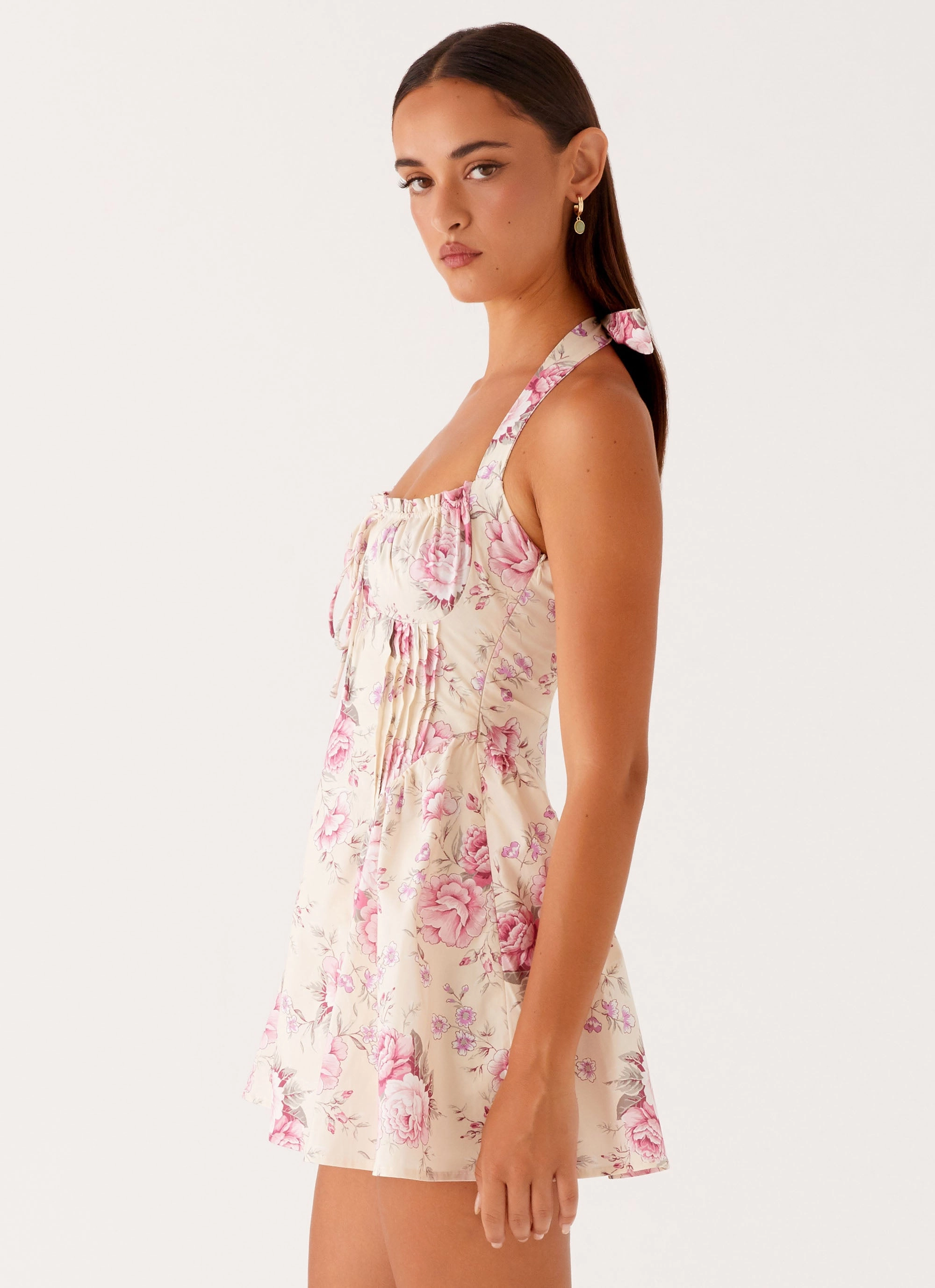 Work Look Calm Flow Rosalie Halter Mini Dress - Vintage Pink Floral