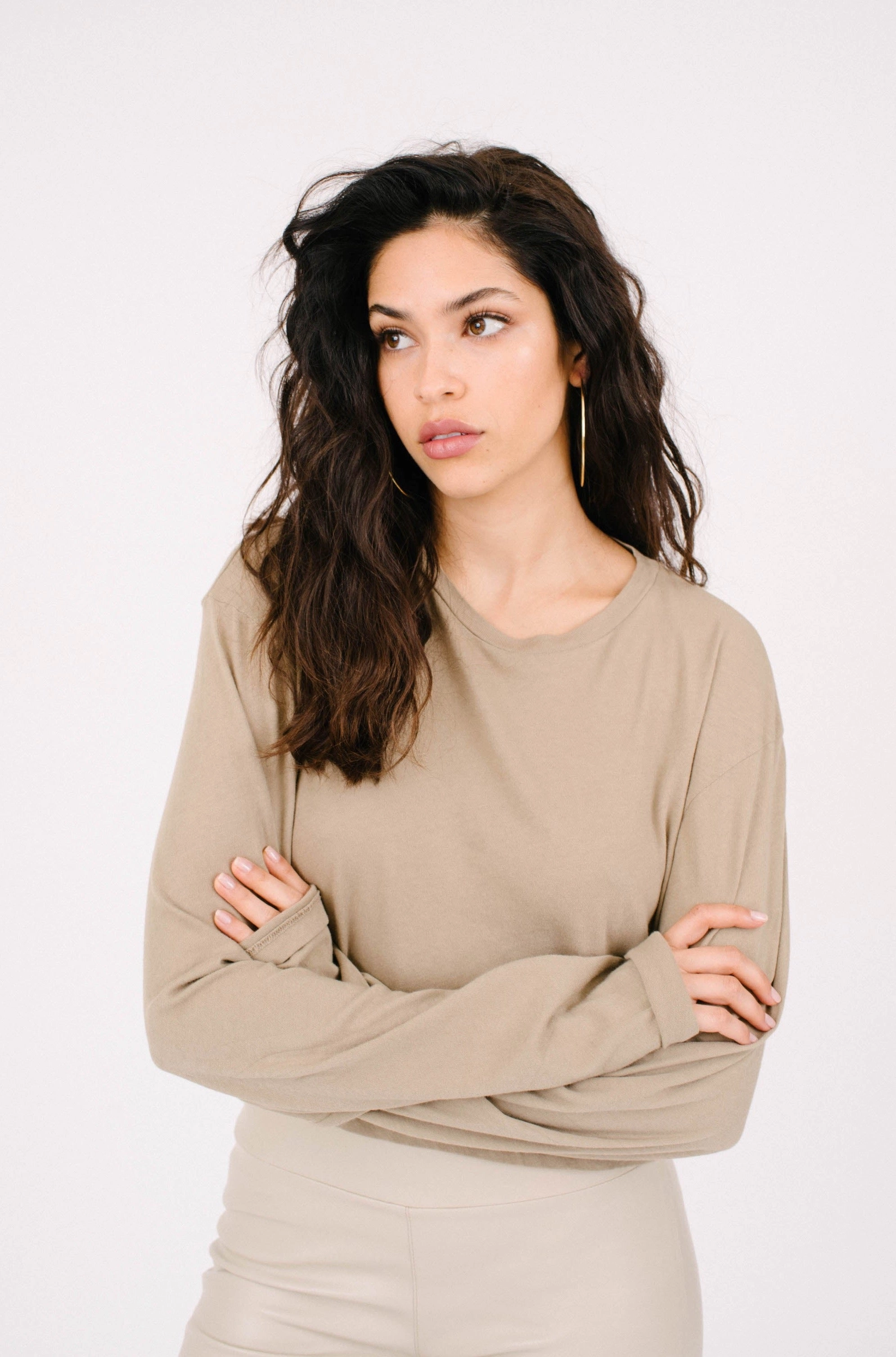 Khaki Cotton Cropped Long Sleeve Tee CompactSize