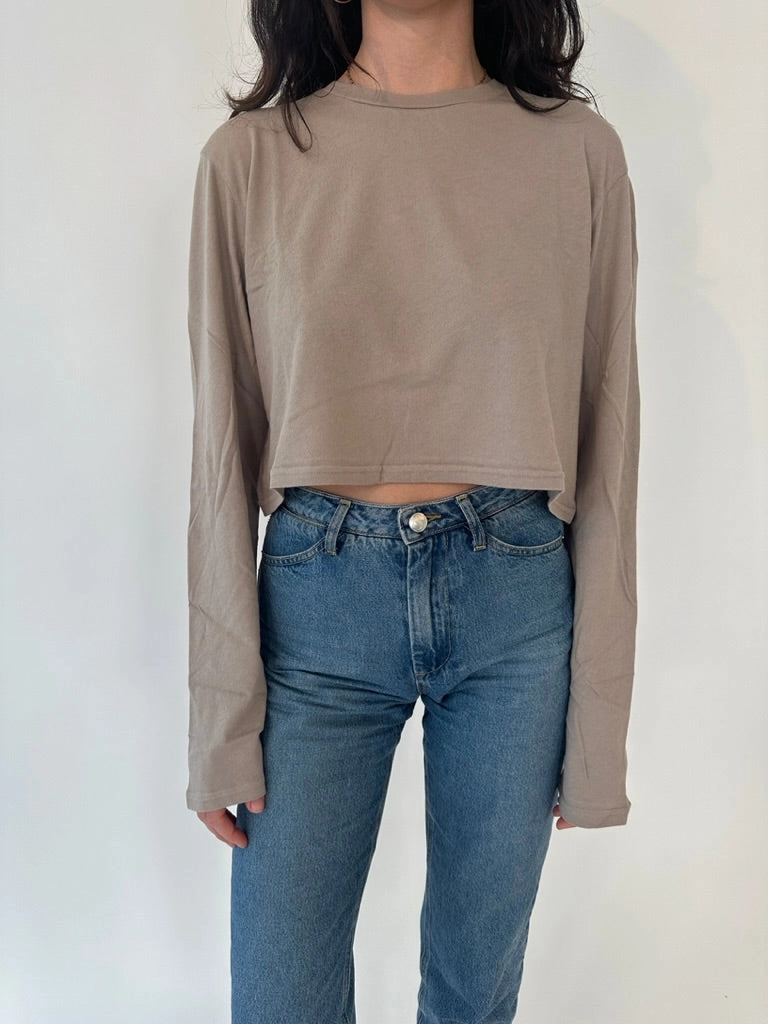 Khaki Cotton Cropped Long Sleeve Tee Drop Shoulder Stain Resistant Treatment