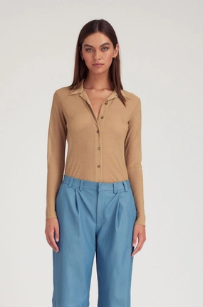 Khaki Knit Mesh Button Down Antistatic FourWay Stretch Fabric