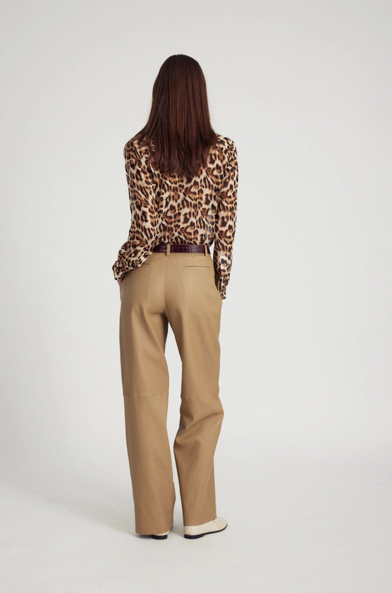 Khaki Leather Pleated Trousers Stable Shape