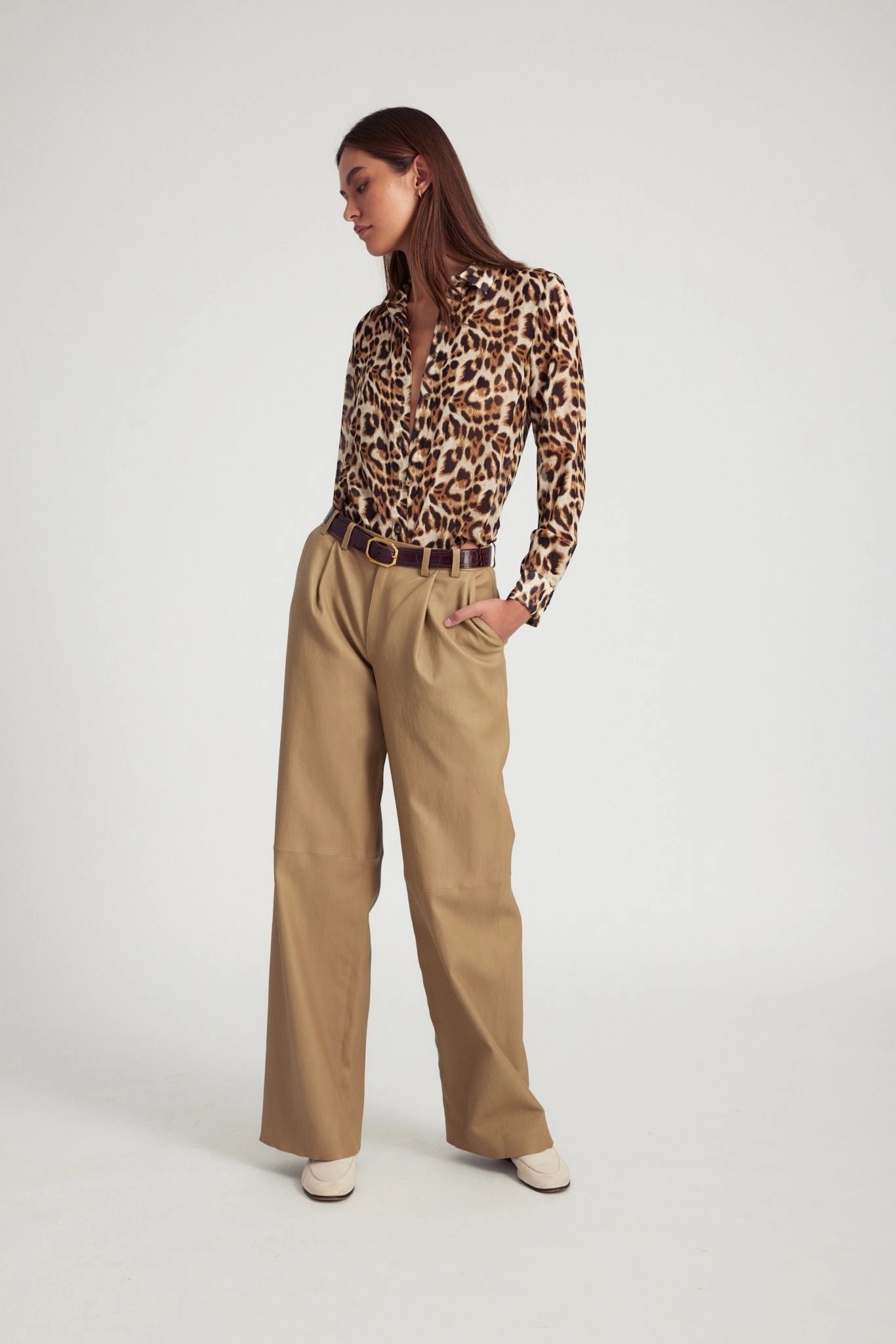 Khaki Leather Pleated Trousers ReinforcedBeltLoops relaxed shape