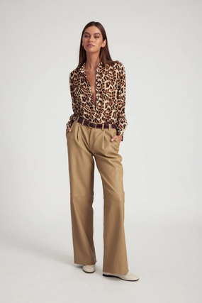 Khaki Leather Pleated Trousers Sporty Appeal Everyday Flex