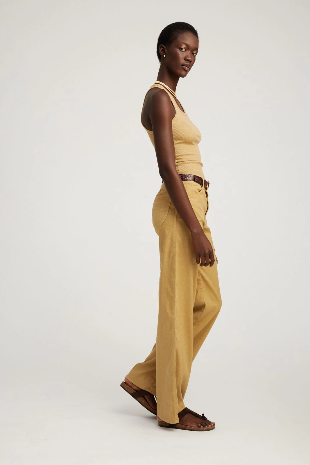 High Density Weave Comfort Wearable Khaki Linen 5 Pocket Wide Leg Pants