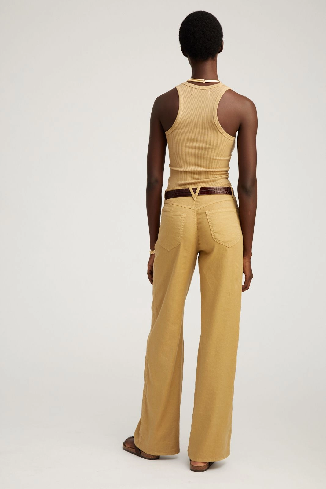 Khaki Linen 5 Pocket Wide Leg Pants FourWayStretch