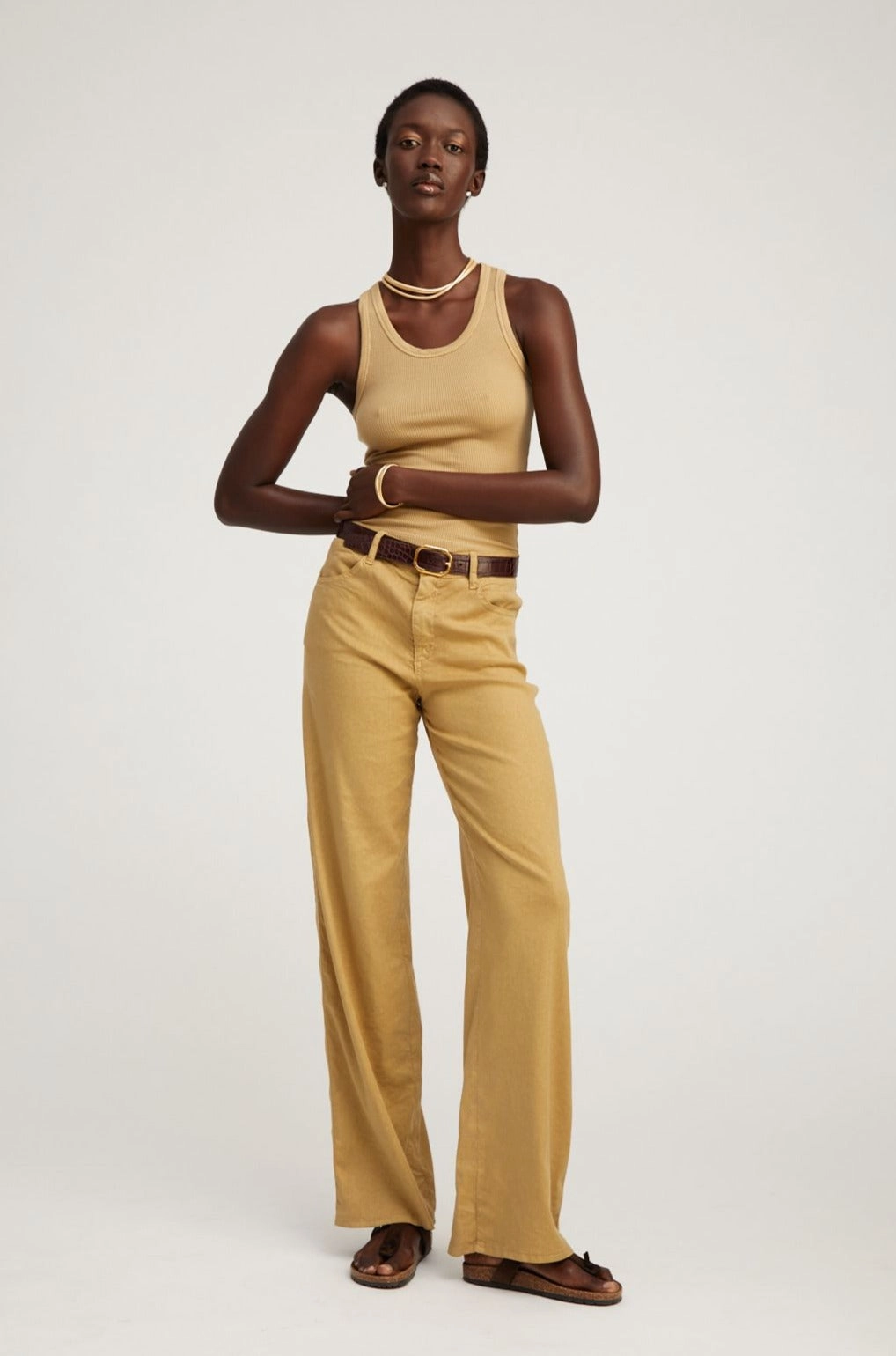 Khaki Linen 5 Pocket Wide Leg Pants smooth zipper ExtendedSizeRange