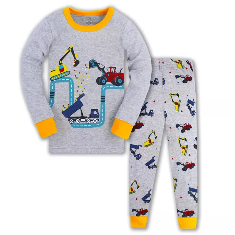 Kids Boys Cartoon Excavator Print Pyjamas Sets