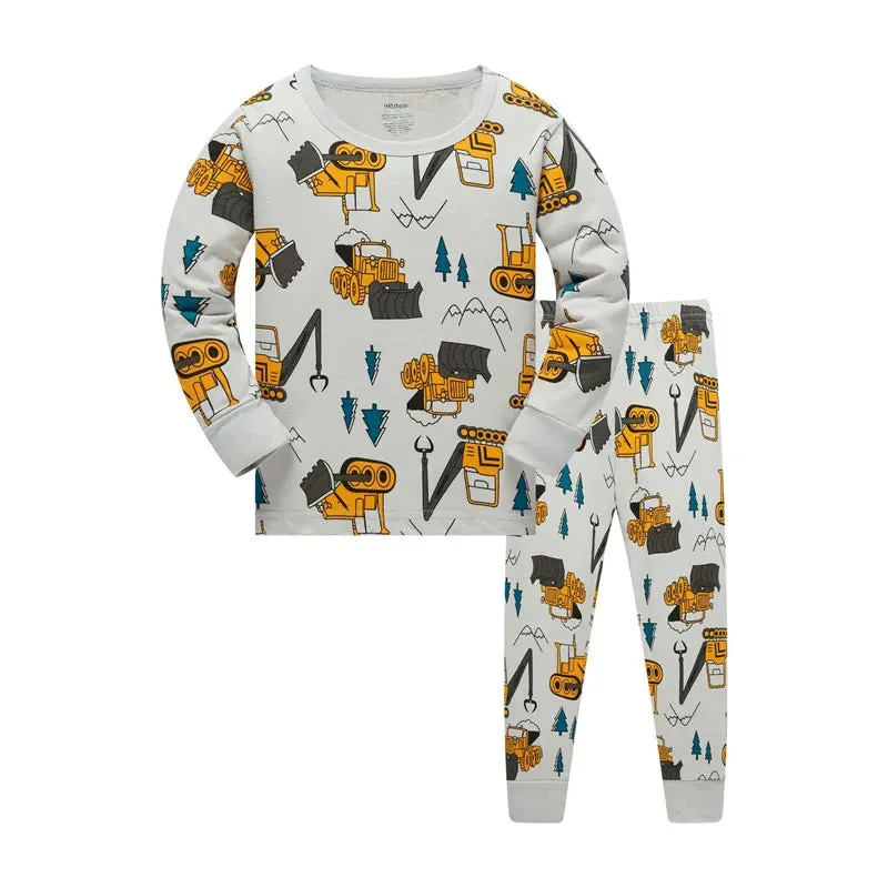 Kids Boys Cartoon Excavator Print Pyjamas Sets