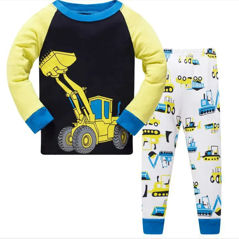 Kids Boys Cartoon Excavator Print Pyjamas Sets