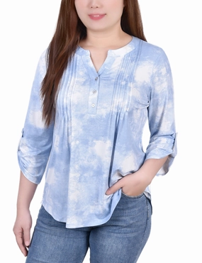 EcoCertified Textile Knit Jacquard 3/4 Sleeve Roll Tab Top