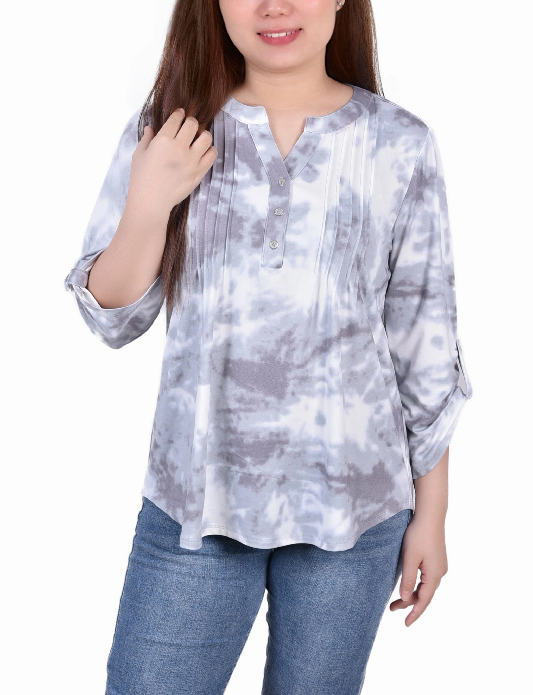 Knit Jacquard 3/4 Sleeve Roll Tab Top AntiStaticFinish
