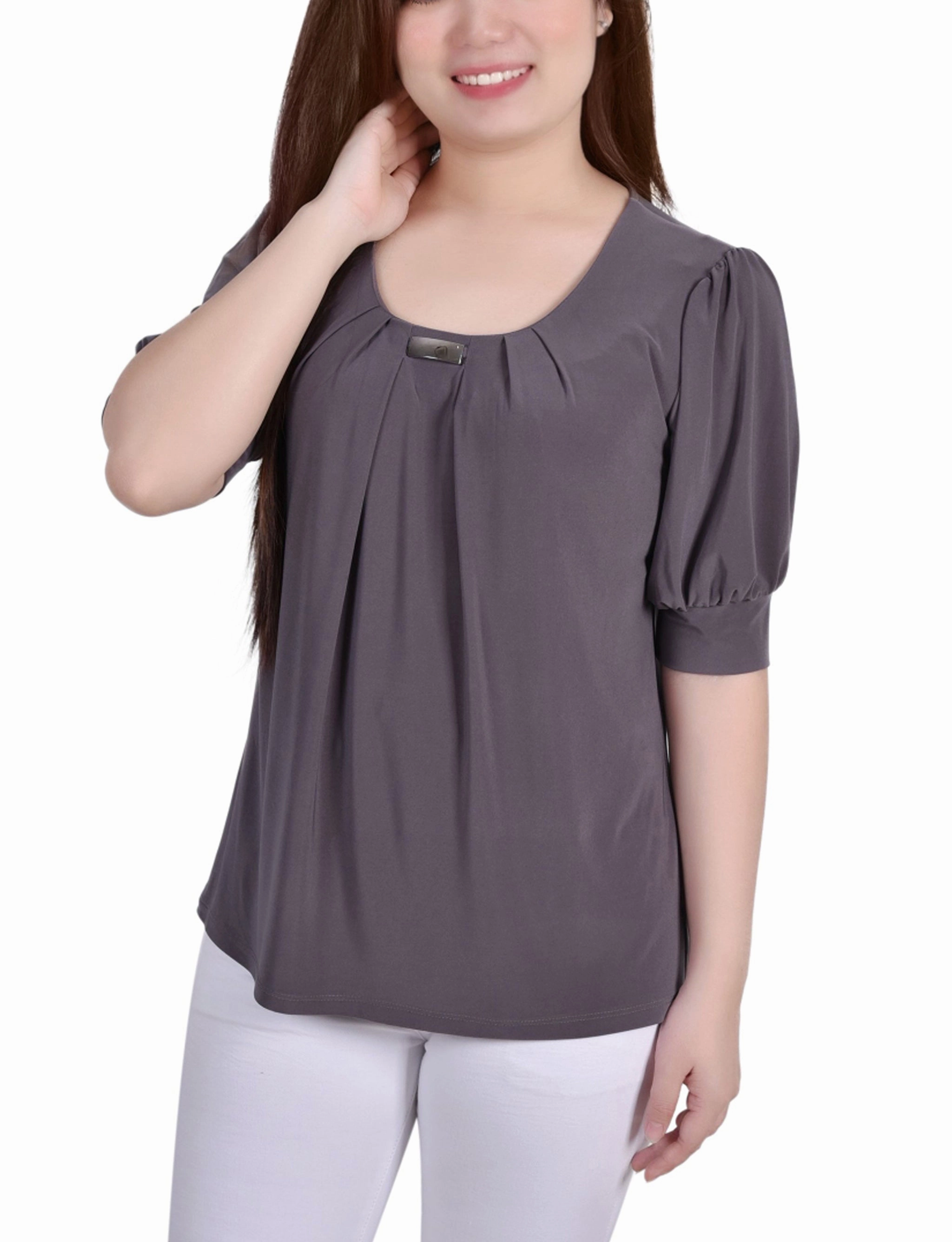 TaglessComfort Short Sleeve Balloon Sleeve Top With Hardware