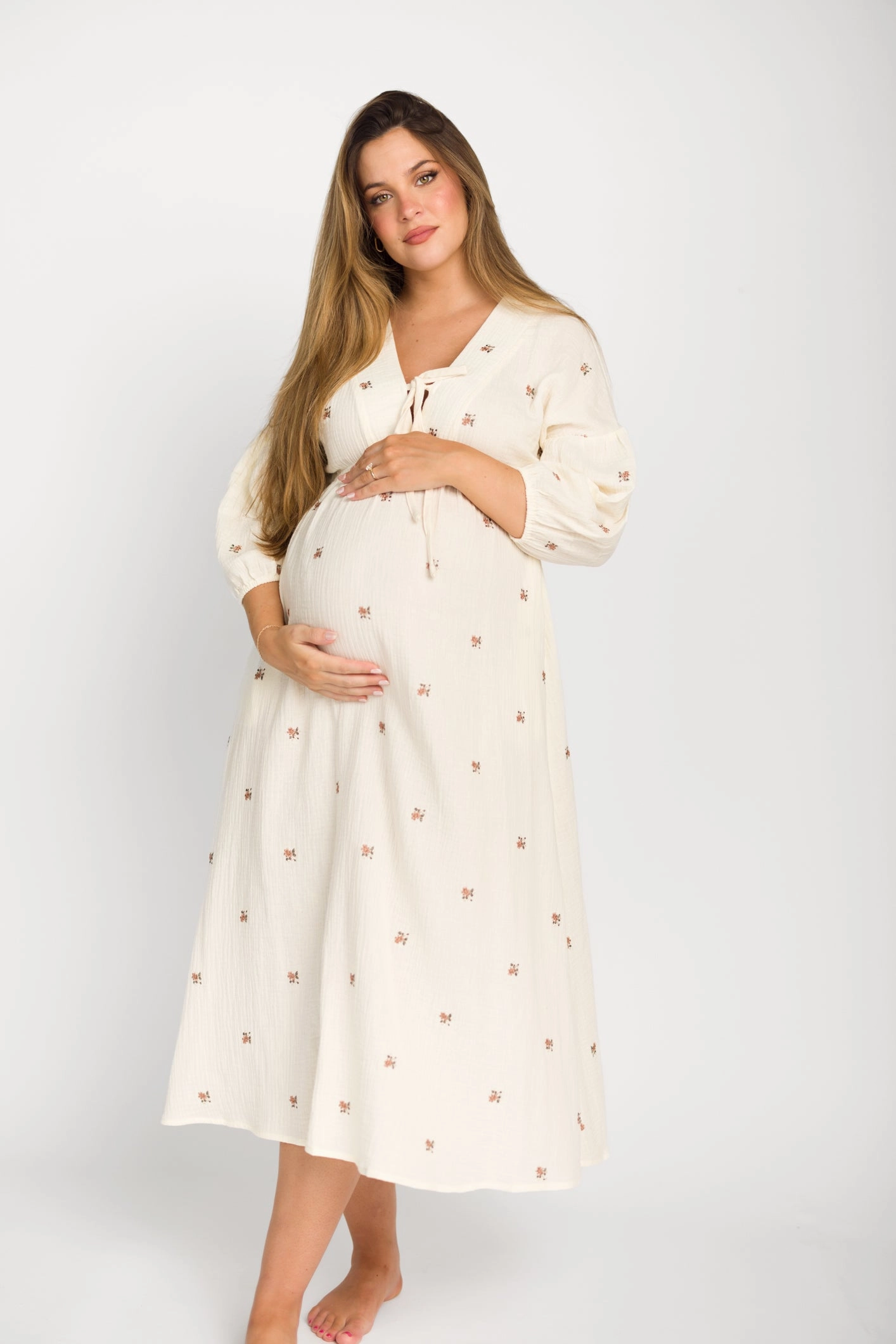 Hunter 100% Cotton Gauze Midi Dress in Soy/Pink Floral - Bump Friendly FlatlockSeam Floral Comfort