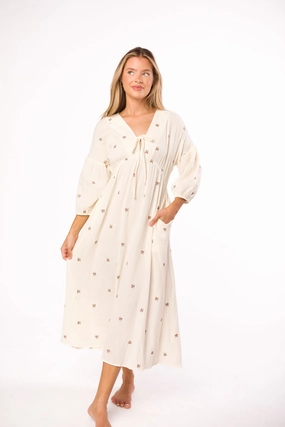 Chill Comfort Hunter 100% Cotton Gauze Midi Dress in Soy/Pink Floral - Bump Friendly