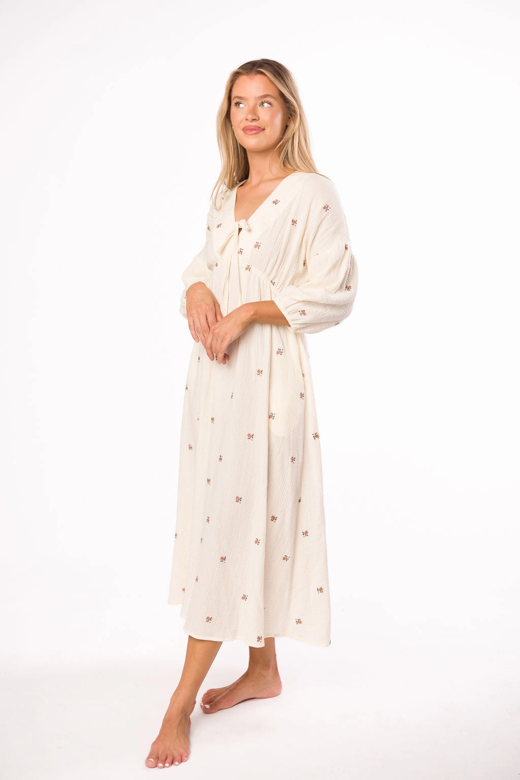 Hunter 100% Cotton Gauze Midi Dress in Soy/Pink Floral - Bump Friendly Smooth Texture Matte-Lining