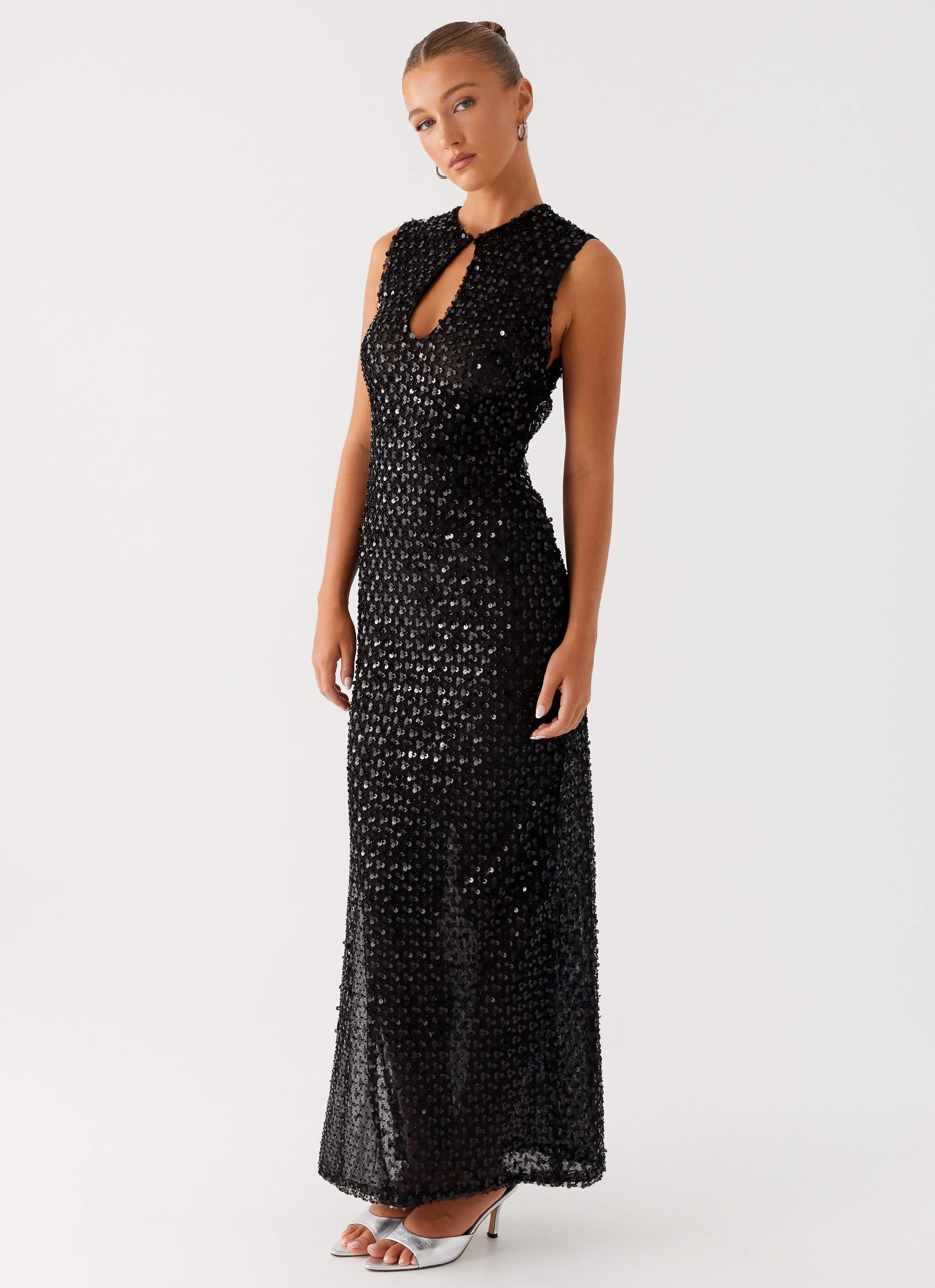 Evening Classic Minimalist Style Kore Sequin Maxi Dress - Black