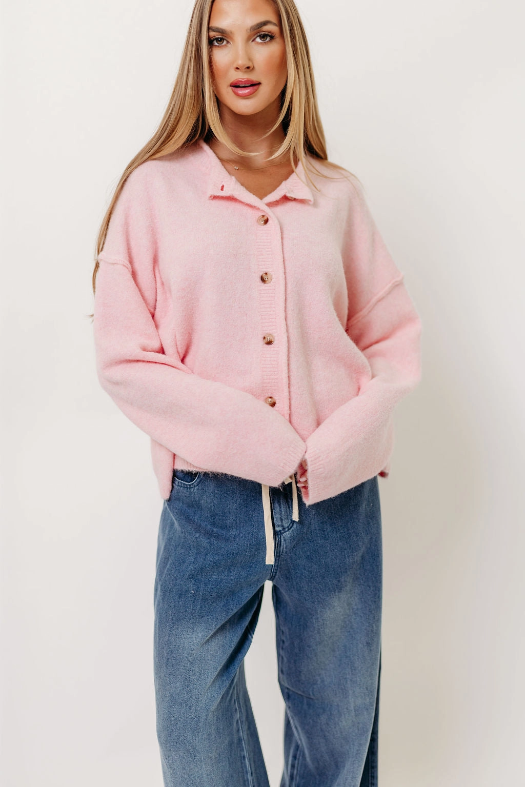 Non Restrictive Mobility Grid Back Panel Kyla Cardigan Sweater in Ballet