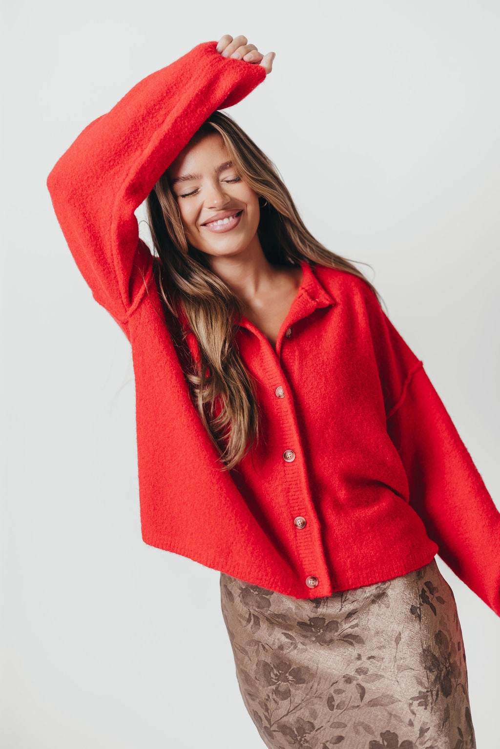 Yarn Dyed Fabric Kyla Cardigan Sweater in Poppy