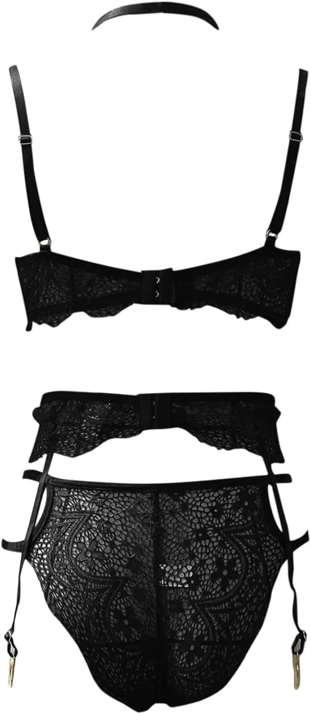 Lace Garter Lingerie Set Women Sexy Lace Halter Bralette High Waist Panty Set Lingerie With Garter Belt Lace
