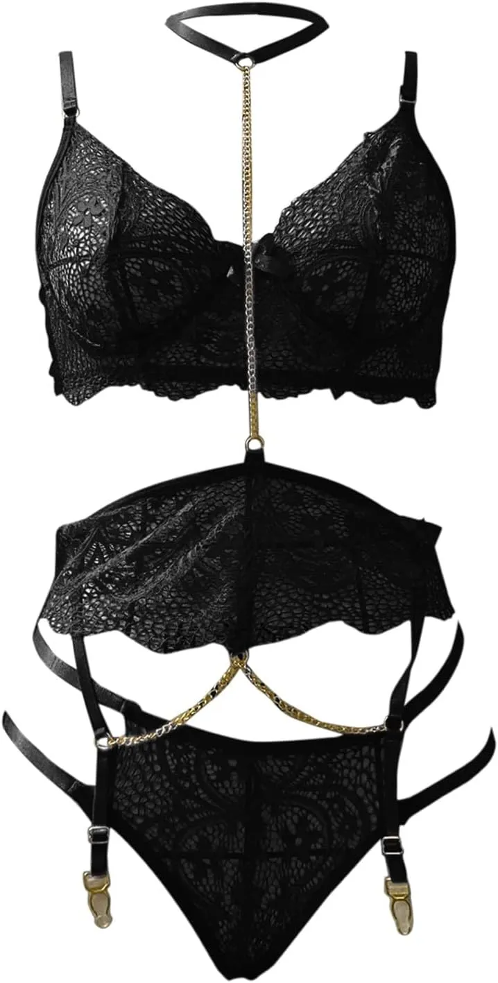 Lace Garter Lingerie Set Women Sexy Lace Halter Bralette High Waist Panty Set Lingerie With Garter Belt Lace