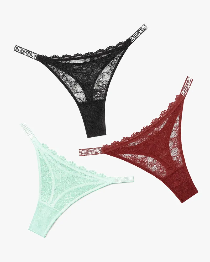 Lace Thongs with Rhinestone-Embellished Strap