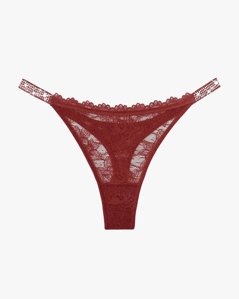 Lace Thongs with Rhinestone-Embellished Strap