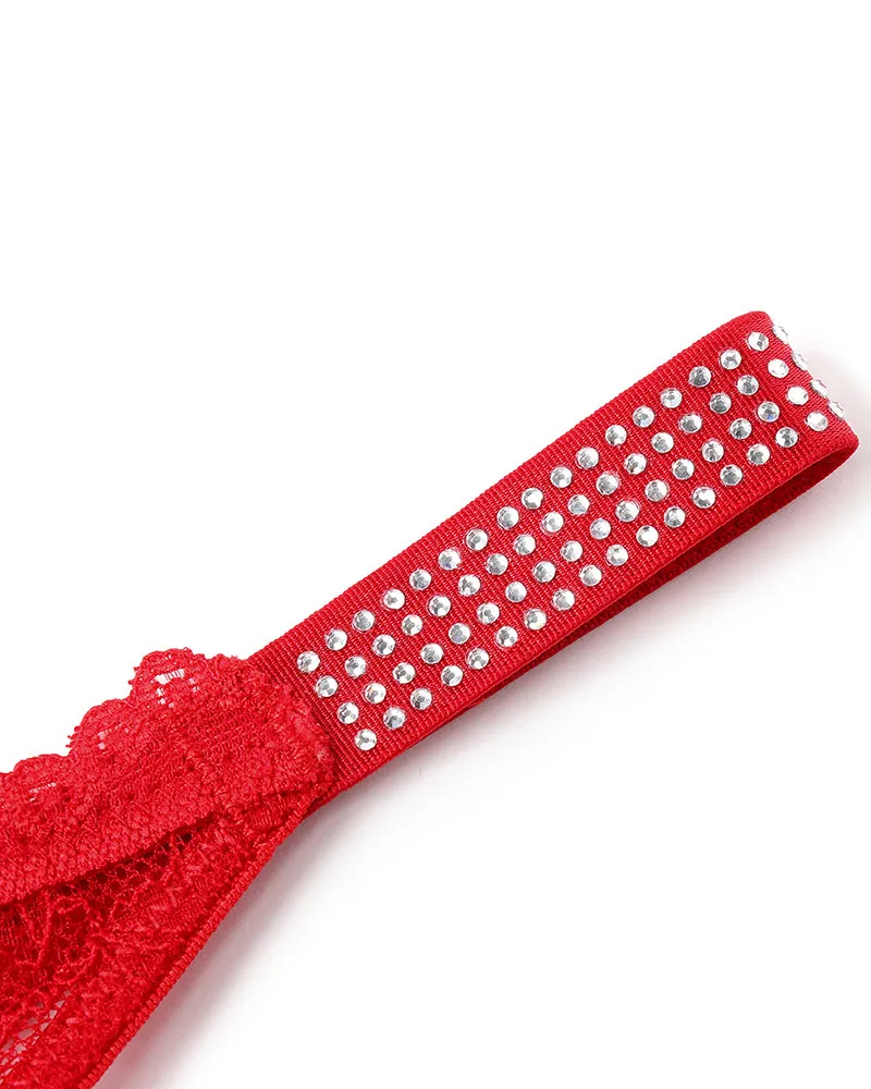 Lace Thongs with Rhinestone-Embellished Strap