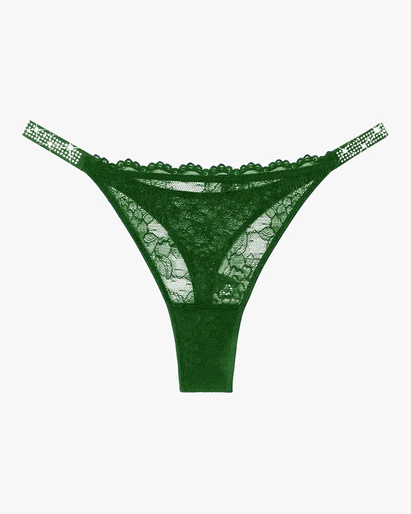 Lace Thongs with Rhinestone-Embellished Strap