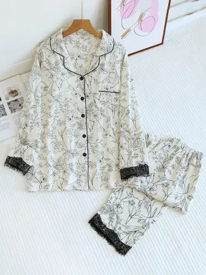 Lace Trim Floral Printed Long Sleeve Pajama Set