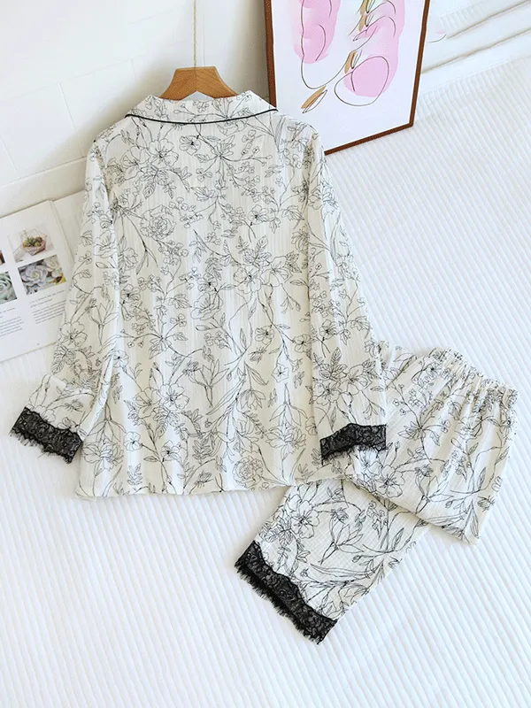 Lace Trim Floral Printed Long Sleeve Pajama Set
