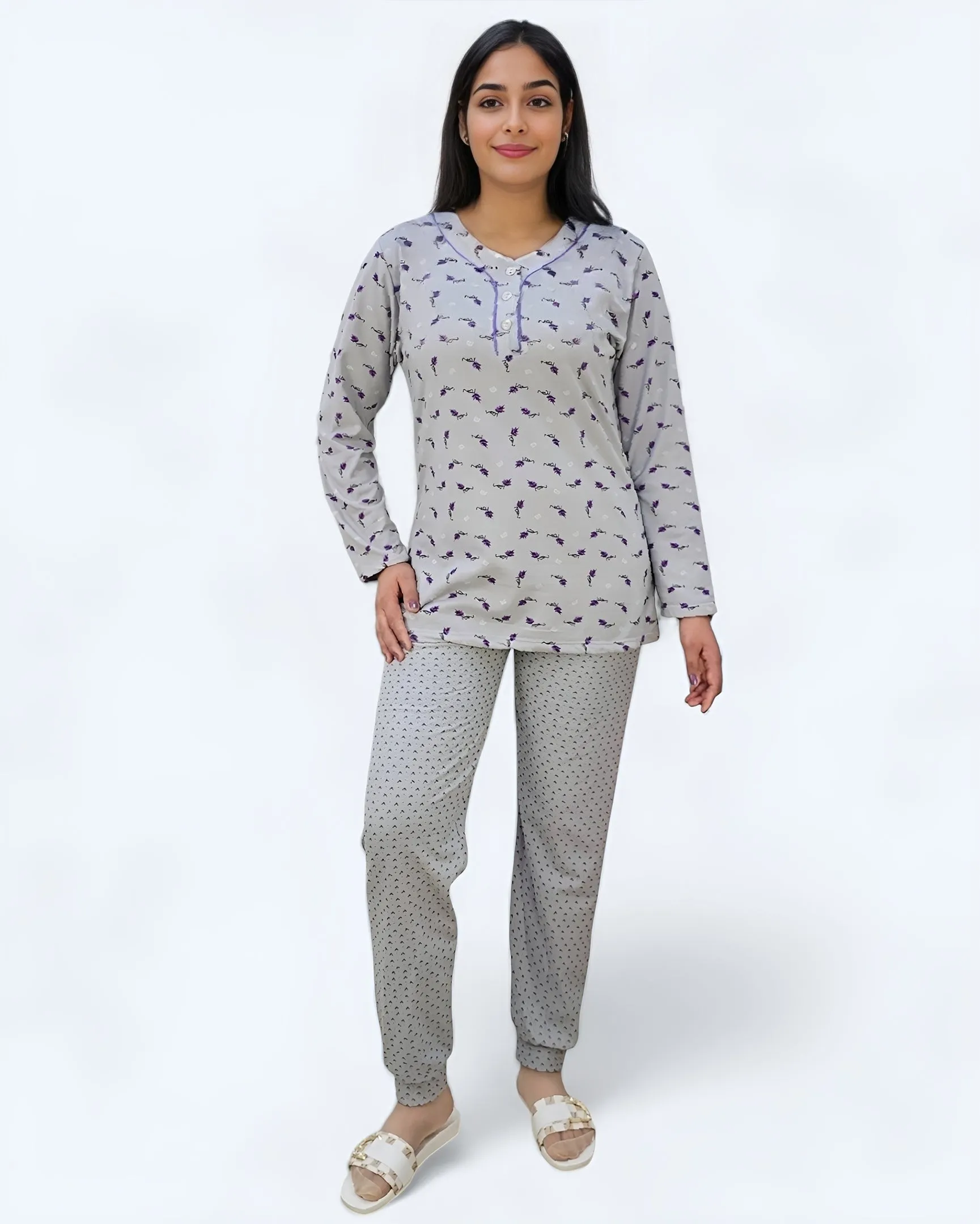 Ladies Long Sleeve Floral Printed Pajama Set