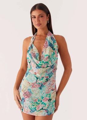 Laid-Back Cowl Mini Dress - Santorini Floral Smile Feel
