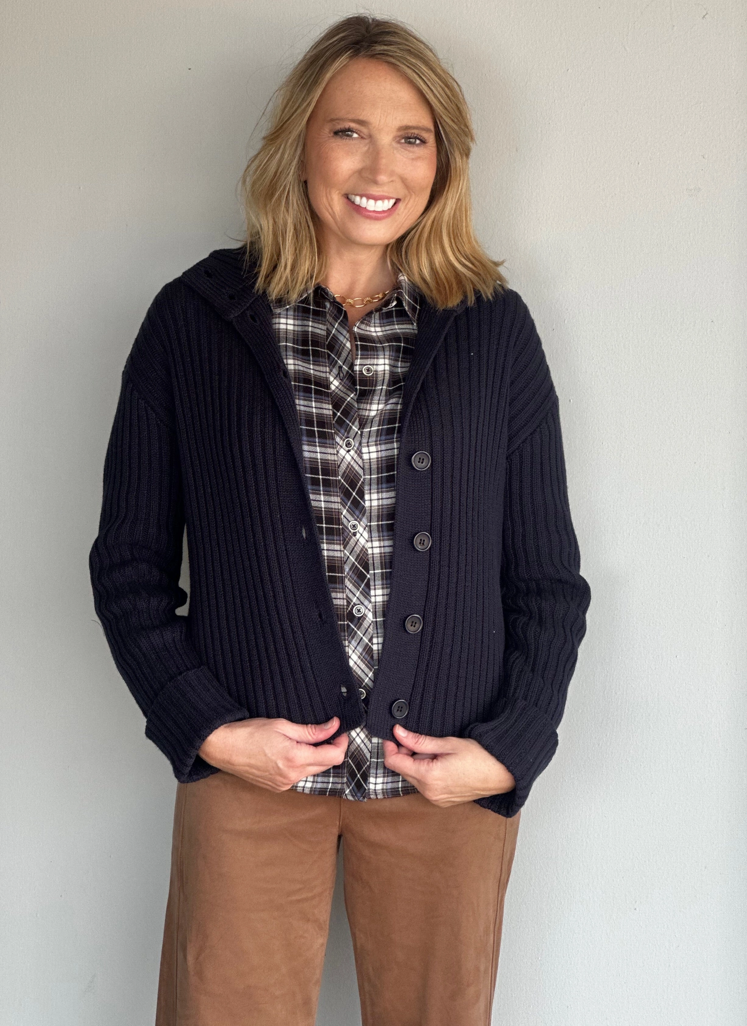 Lakshmi Long Sleeve Mock Neck Cardigan in Dark Storm Fashionable Fit