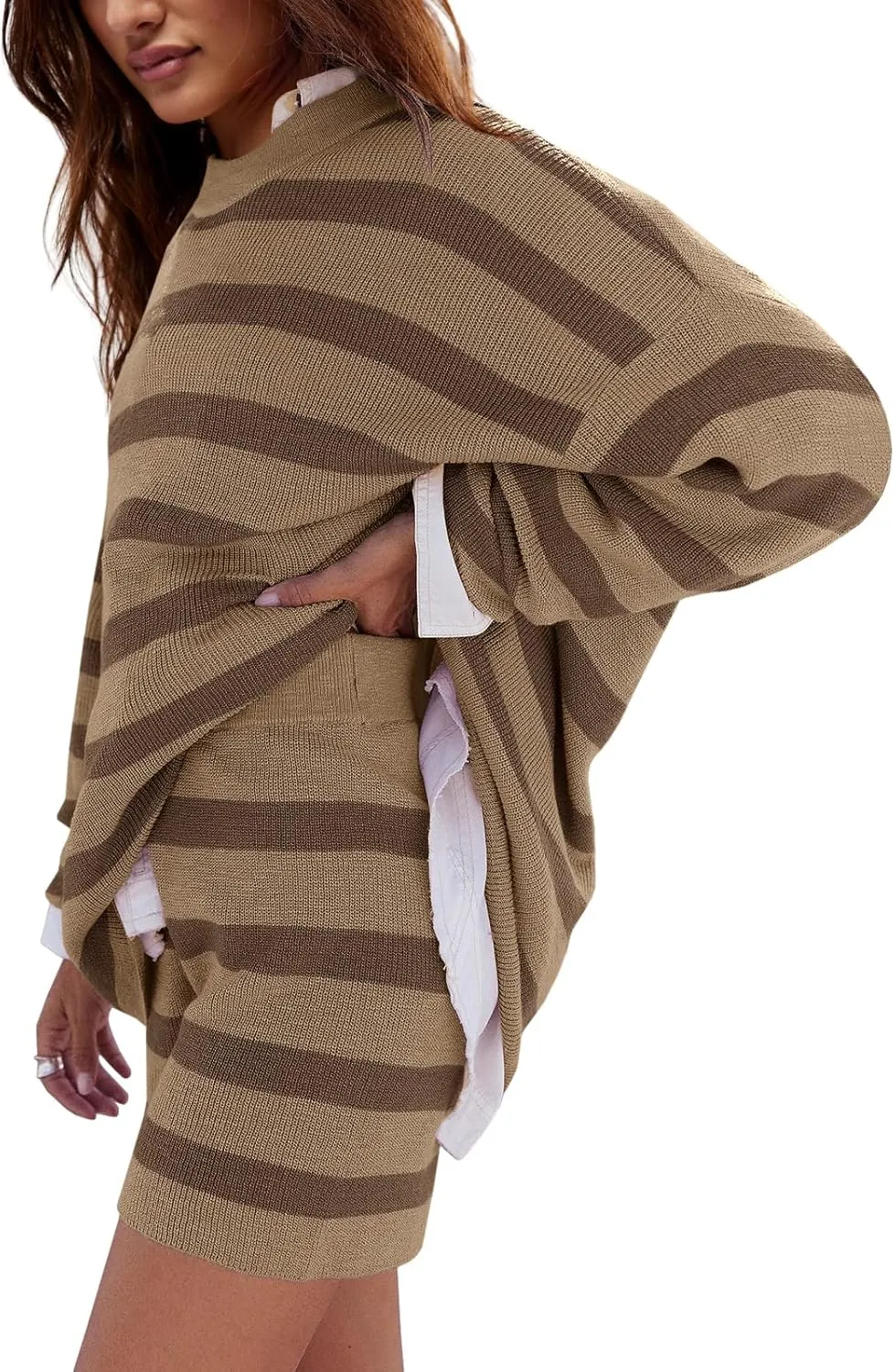 LAMISSCHE Womens Oversized Lounge Sets 2 Piece Outfits Striped Matching Pajama Set Long Sleeve Sweater Set