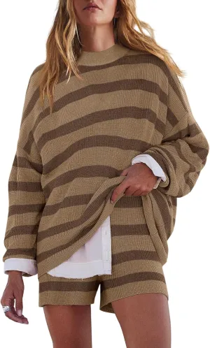 LAMISSCHE Womens Oversized Lounge Sets 2 Piece Outfits Striped Matching Pajama Set Long Sleeve Sweater Set