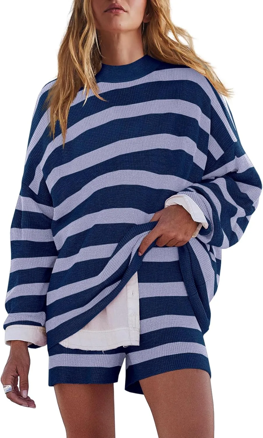 LAMISSCHE Womens Oversized Lounge Sets 2 Piece Outfits Striped Matching Pajama Set Long Sleeve Sweater Set