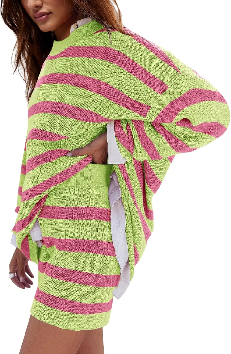 LAMISSCHE Womens Oversized Lounge Sets 2 Piece Outfits Striped Matching Pajama Set Long Sleeve Sweater Set