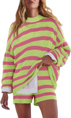 LAMISSCHE Womens Oversized Lounge Sets 2 Piece Outfits Striped Matching Pajama Set Long Sleeve Sweater Set