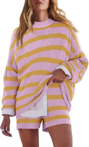 LAMISSCHE Womens Oversized Lounge Sets 2 Piece Outfits Striped Matching Pajama Set Long Sleeve Sweater Set