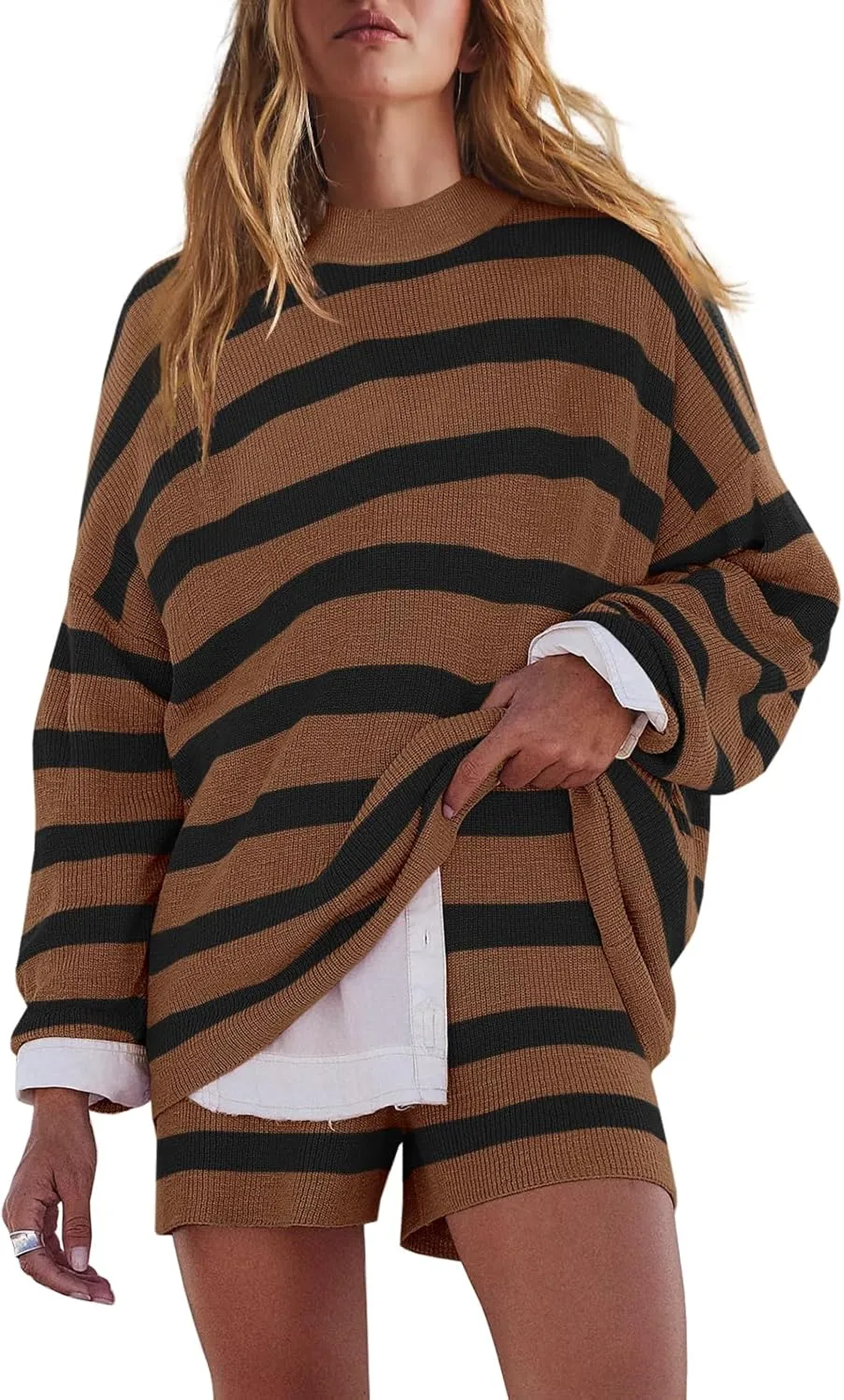 LAMISSCHE Womens Oversized Lounge Sets 2 Piece Outfits Striped Matching Pajama Set Long Sleeve Sweater Set