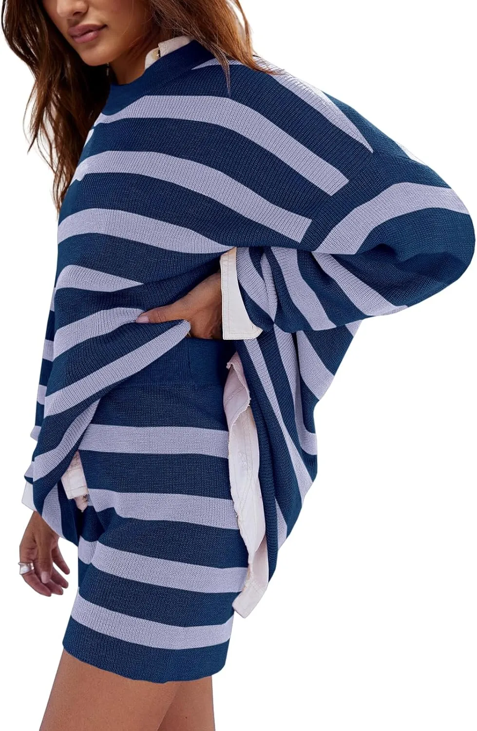 LAMISSCHE Womens Oversized Lounge Sets 2 Piece Outfits Striped Matching Pajama Set Long Sleeve Sweater Set