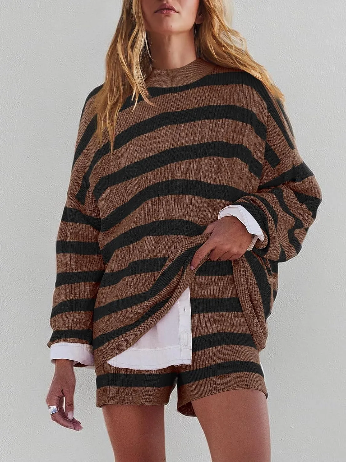 LAMISSCHE Womens Oversized Lounge Sets 2 Piece Outfits Striped Matching Pajama Set Long Sleeve Sweater Set