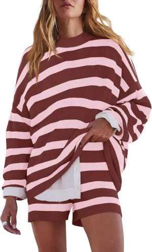 LAMISSCHE Womens Oversized Lounge Sets 2 Piece Outfits Striped Matching Pajama Set Long Sleeve Sweater Set