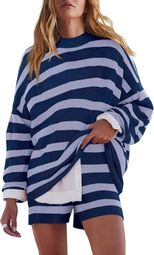 LAMISSCHE Womens Oversized Lounge Sets 2 Piece Outfits Striped Matching Pajama Set Long Sleeve Sweater Set